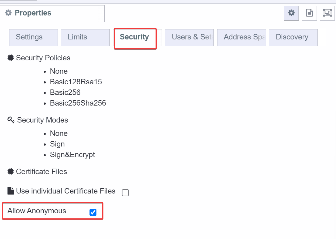 Screenshot showing the Security Tab of compact server node Screenshot showing the Security Tab of compact server node